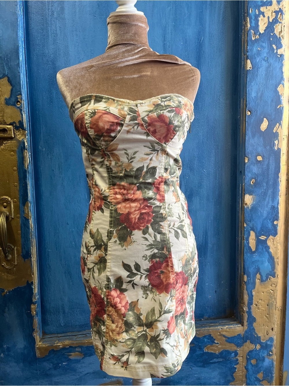 Strapless Floral Mini Dress in Cream with Rose Accents